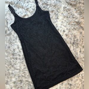 90s Black Crochet Knit Shift Mini Dress Vintage Y2K Lurex Gothic Festival Small